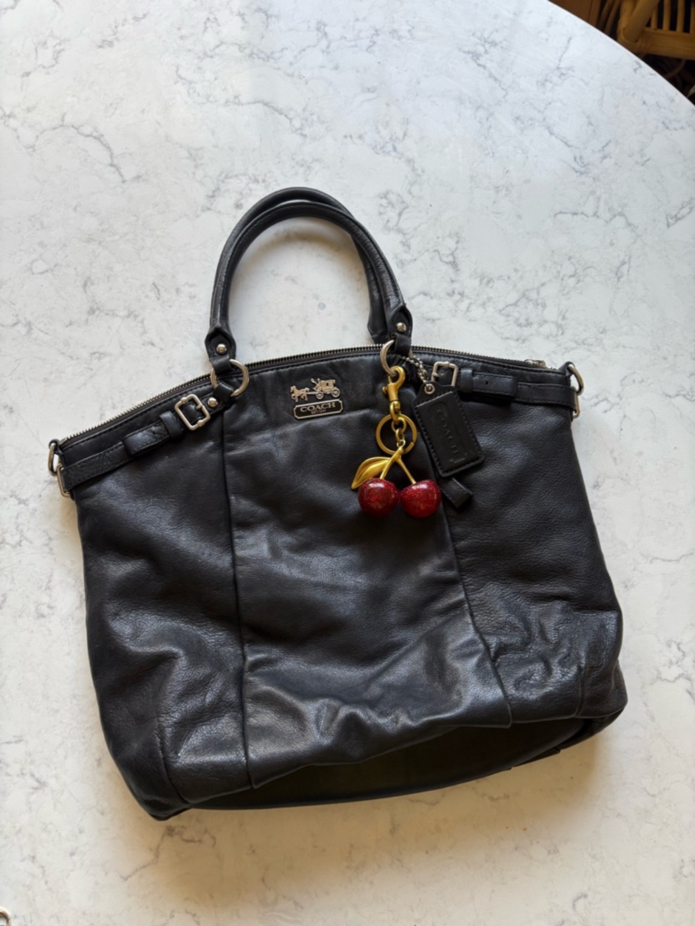 Coach Black Leather Tote Bag with Cherry Charm